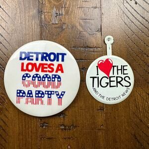 Vintage Political Pinback Button “Detroit Loves A Good Party” Red White Blue
